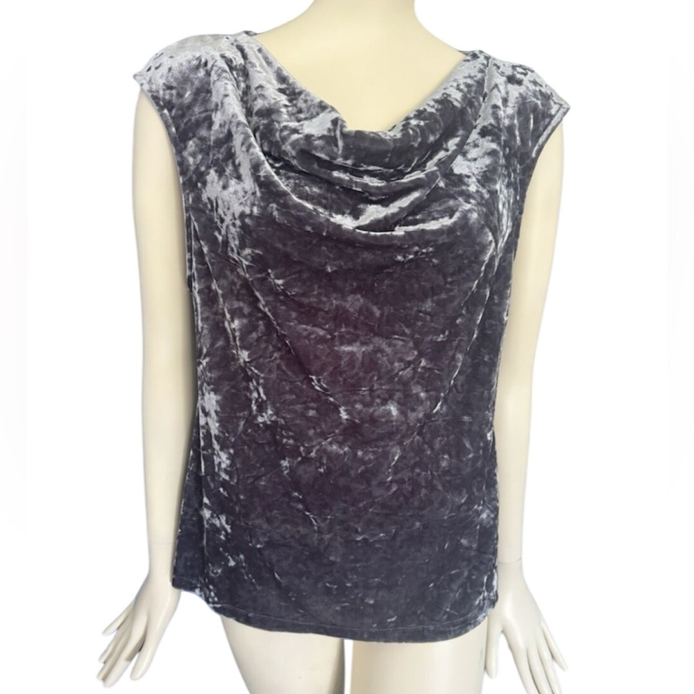 DKNY Silver Crushed Velvet Sleeveless Cowl Neck Stretch Top Size Medium Shimmer